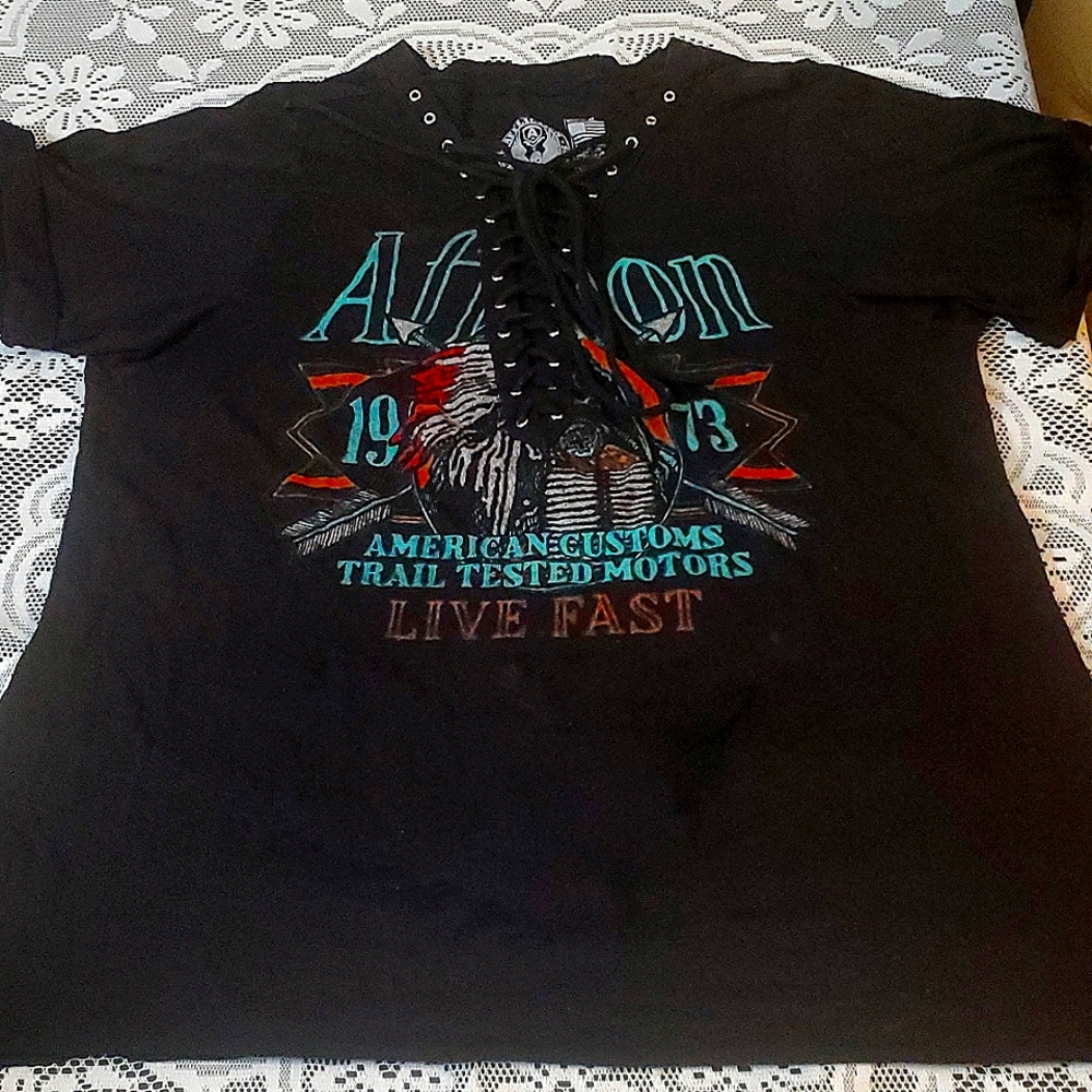 Affliction, Black Oversize T-Shirt With Unique Tie-Up Neckline, Size Medium